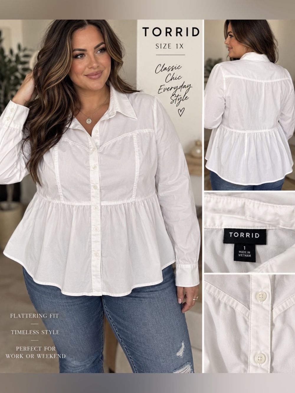 Torrid White Button-Up Peplum Blouse – Size 1X 🤍
